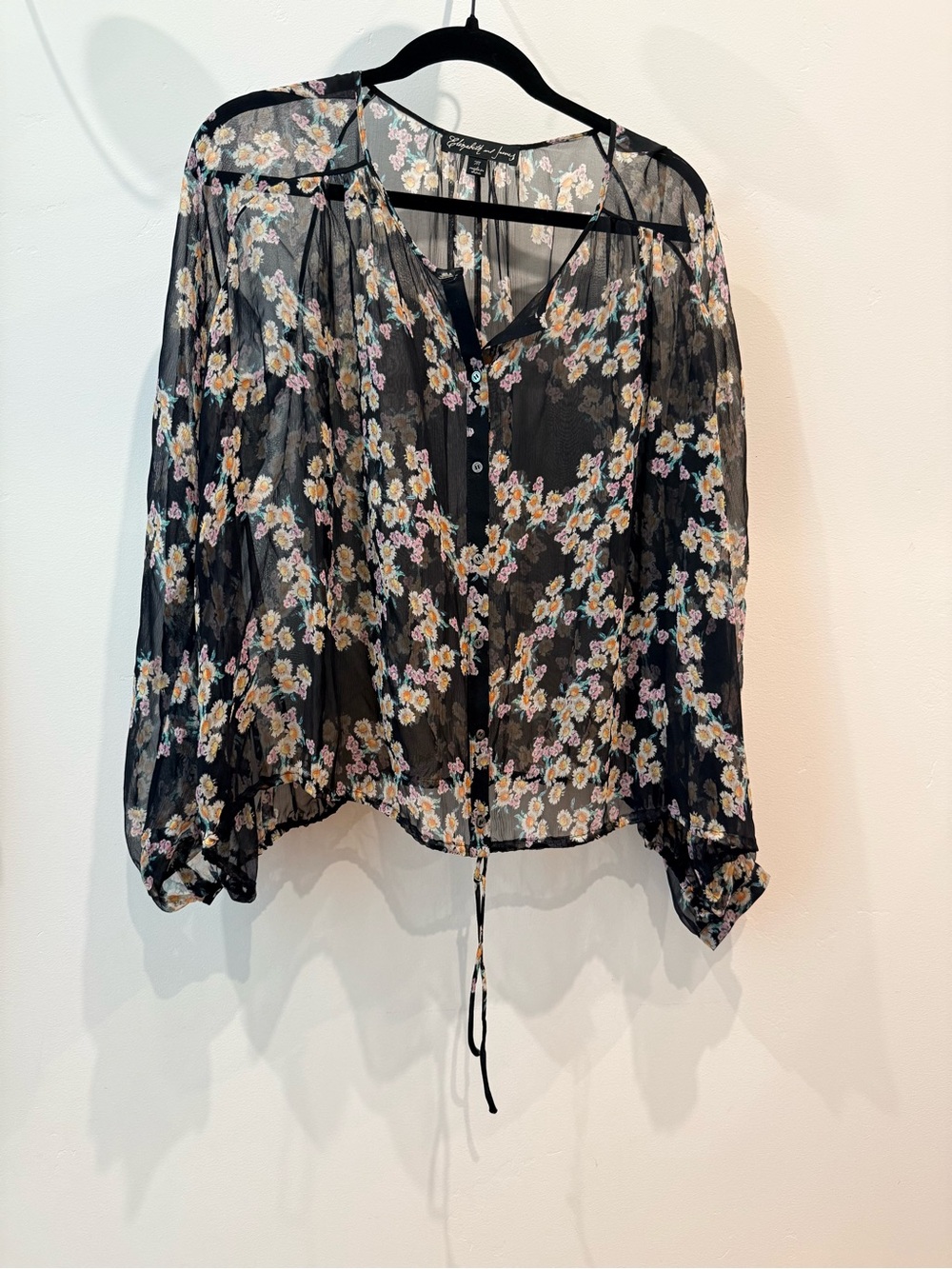 Elizabeth and James Black Sheer Floral Button-Front Top